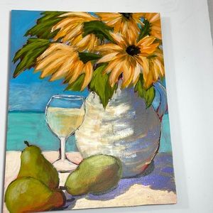 Abstract Sunflowers and Pears Kitchen Art Original Acrylic  Hand Painted Art